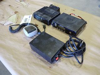 ICOM VHF/UHF Mobile Receiver, ICOM Hand Microphone, Motorola PM400 Mobile Receiver, and Samlex SPS-1204L 3.5A Switching Power Supply