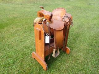 R.McCaughey Sherwood Park 15 In. Hand Made Saddle, SN 7904 c/w Stand *Note: This Item Is Located Offsite In Alberta Beach, For More Info Contact Richard @780-222-8309*