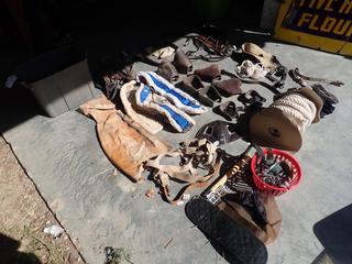 Assorted Horseback Riding Supplies c/w Qty Of Rope, Belts, Pelham Bit, Weaver Twitch w/ Chain End, Chaps, Mask And Stirrups *Note: This Item Is Located Offsite In Alberta Beach, For More Info Contact Richard @780-222-8309*