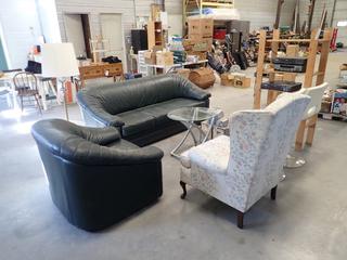 Couch And Chair c/w (2) Bar Stools, Glass Table, Arm Chair, Stand, Glass Table, Speakers And DVD Player *Note: This Item Is Located Offsite In Alberta Beach, For More Info Contact Richard @780-222-8309*