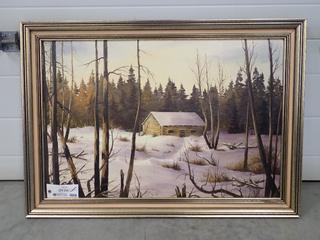 40 In. X 28 In. Log Cabin/Tree Painting By Allen A.LMB *Note: This Item Is Located Offsite In Alberta Beach, For More Info Contact Richard @780-222-8309*