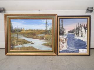 1978 16 In. X 20 In. Grass River(Lower) Painting And 29 In. X 23 In. Pond And Trees Painting By Mrs. K Wood *Note: This Item Is Located Offsite In Alberta Beach, For More Info Contact Richard @780-222-8309*
