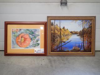 1977 16 In. X 18 In. "A Match of Color" By Kelly Mergaert And 23 In. X 19 In. Water And Tree Oil Painting By Allen A.LMB *Note: This Item Is Located Offsite In Alberta Beach, For More Info Contact Richard @780-222-8309*
