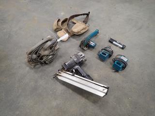 Makita 5090D 9.6V Circular Saw c/w (2) Makita DC9700 Fast Chargers, (1) 9.6V Battery, Campbell-Hausfeld Air Framing Nailer, Black and Decker 115V 9 In. Circular Saw, and Tool Pouch *Note: This Item Is Located Offsite In Alberta Beach, For More Info Contact Richard @780-222-8309*