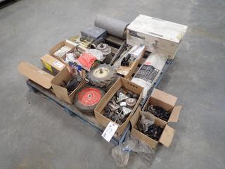 Qty Of Wheels, Door Hinges, Support Braces, Ceiling Fan, U-Bolts And Assorted Supplies *Note: This Item Is Located Offsite In Alberta Beach, For More Info Contact Richard @780-222-8309*