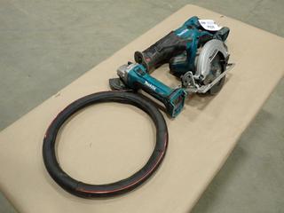 Makita BSS611 18V 6 1/2 In. Circular Saw c/w Makita BJR182 18V Reciprocating Saw, Makita BGA452 18V 4 1/2 In. Brushless Angle Grinder And 15 In. Steering Wheel Cover. *Note: No Batteries*