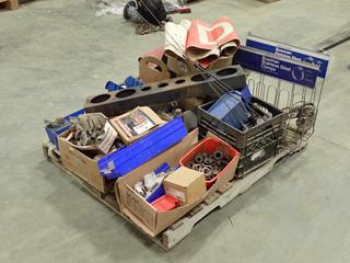 Qty of Assorted Nails, Clamps, Nuts, Clevis, Load Sign and Assorted Misc Supplies