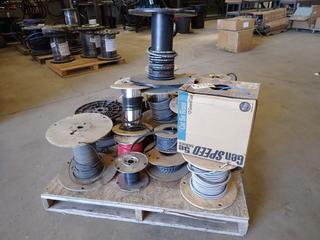 Pallet of Assorted Hydraulic Hose, Galvanized Aircraft Cable, PVC Trailer Cable.