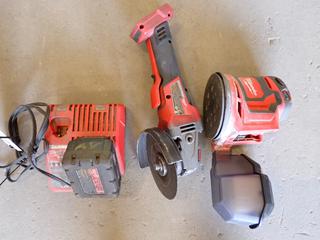 Milwaukee 2783-20 4 1/2/5in Cordless Grinder 18V 2648-20, Cordless 5in Random Orbit Sander 18V c/w 18V Battery and (1) M12/M18 Charger.