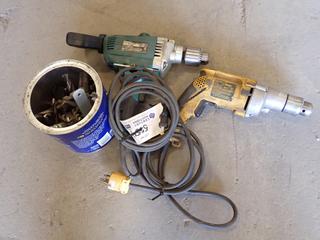 (1) Makita DS4012 Spade Handle Drill 1/2in 120V 8.5A 60Hz, (1) DeWalt 1/2in VSR Drill Type 5 120V 50/60Hz 8.5A and Assorted Bits.