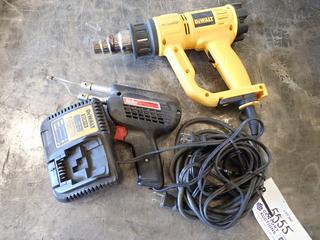 (1) DeWalt D26950 Heat Gun Type 10 120V-60Hz 13A 1550W, (1) Weller D550 Professional Soldering Gun 260/200 Watts and (1) DeWalt DCB115 12V/20V Max Battery Charger.