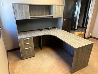 L-Shaped Desk, 66 In x 66 In, Chair and Matching File Cabinet, 31 In x 22 In x 29 In.