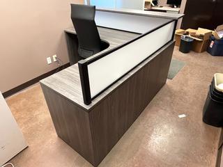 L-Shaped Reception Desk, 71 In x 71 In c/w Chair and Lateral File Cabinet.