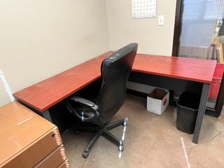 L-Shaped Desk, 63 In x 60, (2) File Cabinets and Bookcase, 32 In x 14 In x 52-1/2 In.