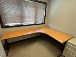 L-Shaped Desk, 63 In x 8 Ft and 3-Drawer Metal File Cabinet.
