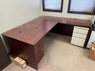 L-Shaped Desk, 6 Ft x 6 Ft c/w (2) 3-Drawer File Cabinets.