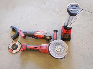 Milwaukee 2980-20 Cordless 4 1/2in - 6in Paddle Switch, No-Lock, Braking Grinder 18V, (1) 2880-20 Cordless 4 1/2in - 5in Grinder 18 V, (1) 2363-20 Cordless Trouble Light w/ USB Charging and (1) Battery 18V. *No Charger*.