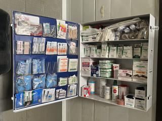 First Aid Cabinet, 22 In x 19 In x 5-1/2 In c/w Contents.