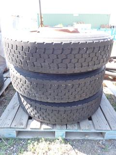 (3) Bridgestone 11R22.5 M&S Tires c/w Steel Rims.