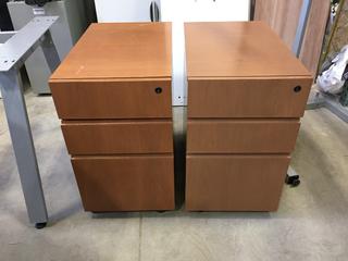 (2) Wood Finish  and (1) Grey Metal 3-Drawer File Cabinets.