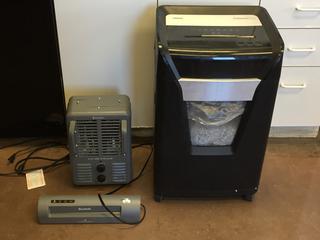 Staples Professional Series Shredder, Scotch Laminator and Pronghorn Space Heater.