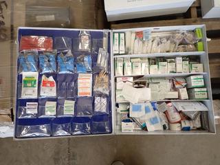 First Aid Cabinet, 22 In x 19 In x 5-1/2 In c/w Contents. 