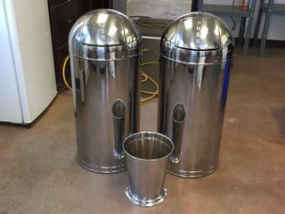 (3) Chrome Garbage Bins and 6ft Silk Plant.