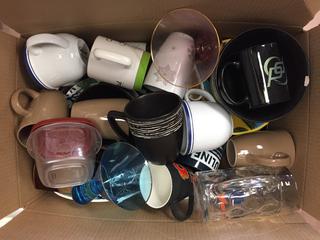 Box of Assorted Dishes, Cups, Mugs, Cutlery.