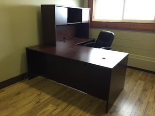 L-Shaped Desk with Upper Cabinet, 3-Drawer Cabinet, Bookcase with 2-Drawers and Chair. *Note - Buyer Responsible for Dismantling and Removal*