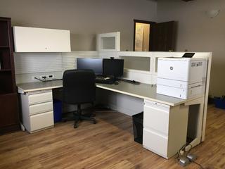 L-Shaped Cubicle Desk with (2) File Cabinets, Upper Cabinet and Chair, 98-1/2in x 75in. *Note - Buyer Responsible for Dismantling and Removal*