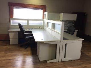 (2) Cubicle L-Shaped Desks with (4) File Cabinets, Upper Cabinet and (2) Chairs, Each Station is 98-1/2in x 75in. *Note - Buyer Responsible for Dismantling and Removal*