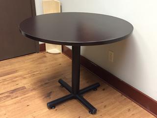 3ft Round Table and 3-Door Credenza, 4ft x 16in x 29in.  *Note - Buyer Responsible for Dismantling and Removal* 