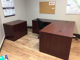 L-Shaped Desk with 3-Drawer Cabinet, 2-Drawer Lateral File Cabinet and Chair. *Note - Buyer Responsible for Dismantling and Removal*