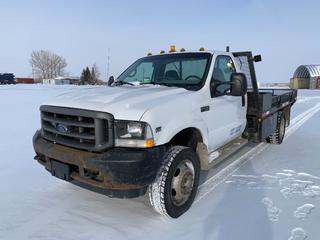 2002 Ford F450 XL 2WD Deck Truck c/w 6.8L V10, Auto, 8ft x 12ft Steel Deck w/ Headache Rack and Storage Boxes, 225/70R19.5 Tires, Showing 242,949 KMs, VIN 1FDXF46S92EA30340