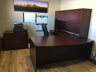 L-Shaped Desk with 3-Drawer Cabinet, 2-Drawer Lateral File Cabinet and Chair. *Note - Buyer Responsible for Dismantling and Removal*