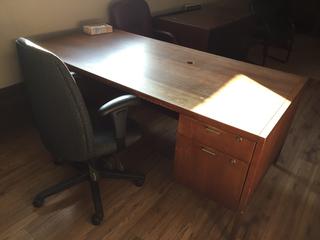 Wood Desk with 2 Drawers, 3-Drawer Cabinet and Chair, 6ft x 3ft.  *Note - Buyer Responsible for Dismantling and Removal* 