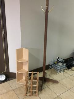 Wooden Coat Tree, Wine Rack, Corner Shelf and End Table. (RST)