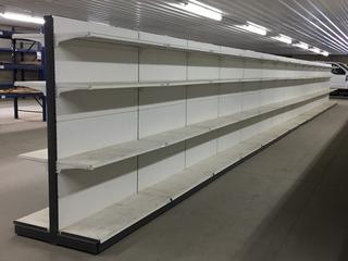 (15) Sections of Two-Sided Retail Shelving, 4ft L x 32in W x 6ft H (Per Section), Approximately 60ft Total Length. *Note - Buyer Responsible for Dismantling and Removal, Item Cannot be Removed Until Friday March 8th Unless Mutually Agreed Upon.*
