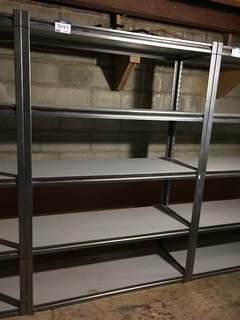 5-Tier Metal Storage Racks with Wood Shelves, 4ft x 18in x 6ft. *Note - Buyer Responsible for Dismantling and Removal*