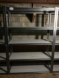 5-Tier Metal Storage Racks with Wood Shelves, 4ft x 18in x 6ft. *Note - Buyer Responsible for Dismantling and Removal*