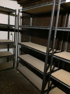 5-Tier Metal Storage Racks with Wood Shelves, 4ft x 18in x 6ft. *Note - Buyer Responsible for Dismantling and Removal*