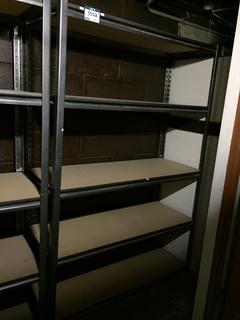 5-Tier Metal Storage Racks with Wood Shelves, 4ft x 18in x 6ft. *Note - Buyer Responsible for Dismantling and Removal*