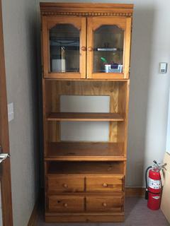 Wooden Storage Unit with Glass Doors and 2-Drawers, 30in x 17in x 78in.  *Note - Buyer Responsible for Dismantling and Removal* 