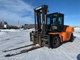 Doosan D110S-5 24,000Lbs Capacity Rough Terrain Forklift c/w Doosan DL06 5.89L Diesel Engine, 3-Spd Powershift Transmission, AC/Heater, 2-Stage Mast, Side Shift, Independent Fork Positioner, 8ft Forks, Cab Tilt, 10.00x20-16 Tires. Showing 4256hrs. SN FDC01-1880-00787. *Note: Check Engine Light Is On, Exhaust Deleted, Requires Repair*