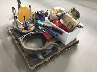 Shop Creeper, Stool, Oil Pan, Funnels, Snow Brushes and Assorted Automotive Fluids. (9-F-3)