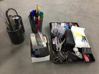 Quantity of Assorted Office Supplies c/w Printers, Hole Punches, Binders, Time Clock, Etc. (WH)