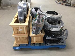 Pallet of Assorted Outdoor Items c/w 36in Cedar Planters, Rain Gauges, Hose Reels and 1/2in Rainbird Tubing. (WH)