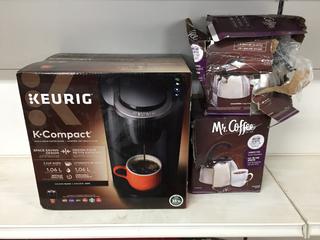 Keurig K-Compact 3-Size Coffee Brewer and (2) Mr. Coffee 2QT Whistling Tea Kettles. (5-E-3)