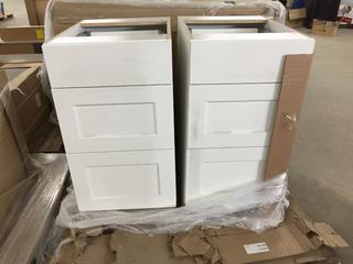 (3) White Base Drawer Units, (1) 36in Sink Base, (1) Single Upper Cabinet and 2-Door Pantry Unit, Damaged. (WH)