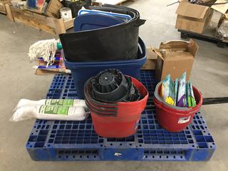 Pallet of Assorted Household Items c/w Mops, Buckets, Colanders, Toaster, Tea Pots, Utensils, Etc. (WH)